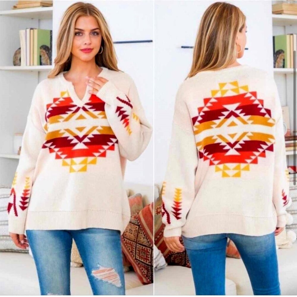 Izzy Brand Sweater, Cream Burgundy Mustard Red Southwestern Aztec Pattern Size S